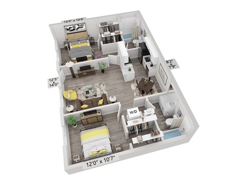 Floor plan for 2 beds, 2 baths, 850 sqft